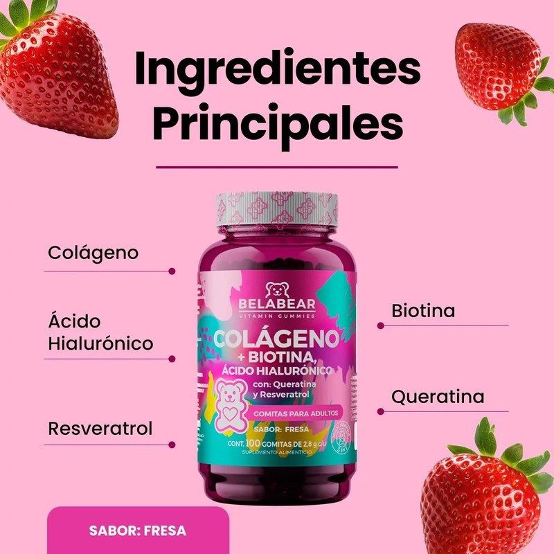 Belabear Colágeno Biotina Y Ácido Hialurónico 100 Gomitas Sabor Fresa