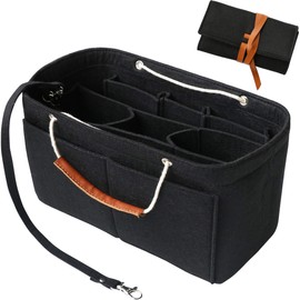 Yoillione Handbag Organiser, Felt Bag Organiser, Bag Organiser Shopper for Women, Multi-Pocket Handbag Inner Pocket for Insert Wallet, Tote Organiser Bag with Handle (Black, S)