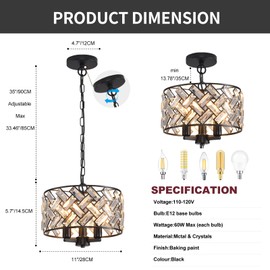 lobolighting Black Crystal Pendant Light, 3-Light Modern Chandelier, 11'' Round Kitchen Pendant Lighting, Adjustable Drum Chandelier for Dining Room Foyer Hallway