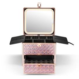 Qislee Nail Polish Case with Drawer, Detachable LED Mirror,Waterproof Travel Jewelry Box with Adjustable Dividers Magnetic and Lighted makeup organizer(Sparkling Pink)