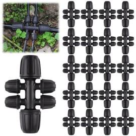 20PCS Locked Barbed Tee Connectors, Kalolary 5/16" to 1/4" Drip Irrigation Fittings Kit 8/12mm to 4/7mm Tube Lock Female Connector 6-Way Barbed Lock Irrigation Parts for Watering System (Black)