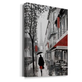 Renditions Gallery Rainy Day Paris (1) Wall Art, French Cafe & Eiffel Tower, Portrait Decor, Elegant Parisian Artwork, Premium Gallery Wrapped Canvas, Ready to Hang, 8 in H x 12 in W, Made in America
