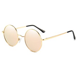Dollger Round Polarized Sunglasses for Men Women Retro Metal Small Circle Hippie Sunglasses (A7:pink Mirrored Lens+gold Frame, 51)