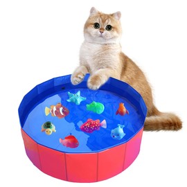 JOAASU Cat Pool Toy with 8 Pcs Fish Water Cat Toys, 30×10cm Cats Pool, LED Light Swimming Fish Toys for Water Play, Fun Fishes Toy for Bath or Swim Time, Best Interactive Toys for Indoor