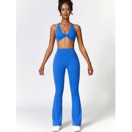 ABOCIW Workout Sets for Women Twist Front Strappy Sports Bra V Back Scrunch Butt Lifting Flare Leggings High Waist Bootcut Yoga Pants 2 Piece Gym Sets Blue Medium