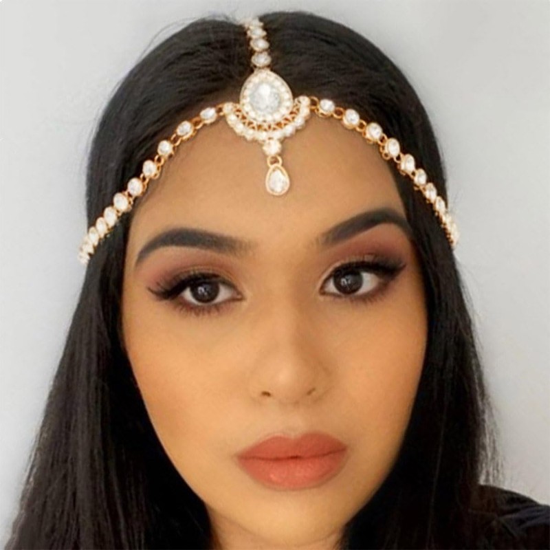 Reaky Rhinestone Head Chain Gold Tone Crystal Headpiece Headpiece for