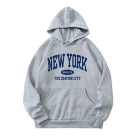 Remidoo Women's Graphic Hoodies New York Long Sleeve Pullover Oversized Sweatshirt With Pocket Grey X-Large