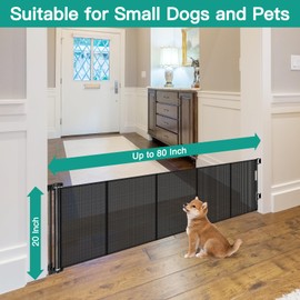 20 Inch Tall x 80 Inch Extra Wide Retractable Dog Gate to Step Over, Short Pet Gate for Doorways, Small Dog Gates Indoor Outdoor Puppy Gates for Stairs Short Mesh Gates for Large Openings (Black)