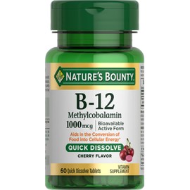 Nature's Bounty Vitamin B-12 Quick Dissolve Tablets, 1000mcg, Aids in The Conversion of Food into Cellular Energy, Cherry Flavor, 60ct