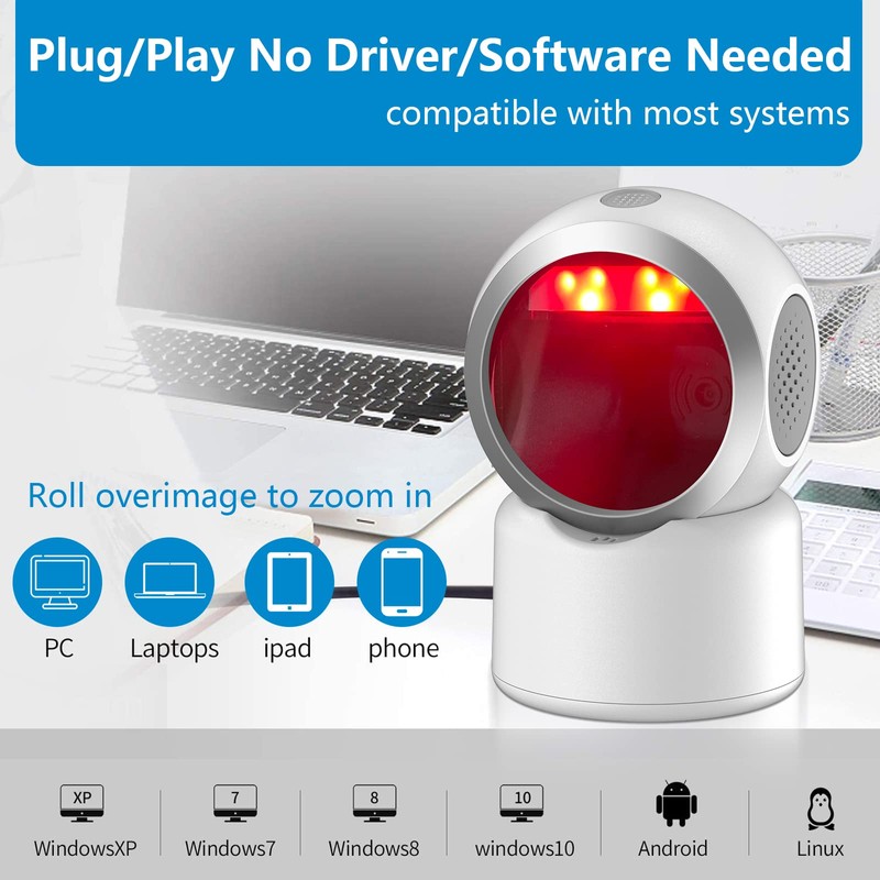 2D QR Barcode Scanner Omnidirectional Hands-Free USB Automatic Barcode Reader
