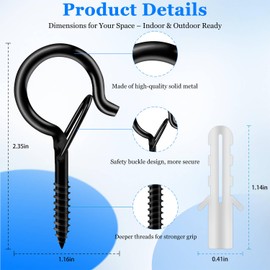 KULOLO 6 Pack Black Screw Hooks with Safety Buckle - 2.3 Inch Rustproof Eye Ceiling Hooks for Hanging Plants,Outdoor String Lights,Baskets,Christmas Lights & Decor,40lb Capacity (6, Black)