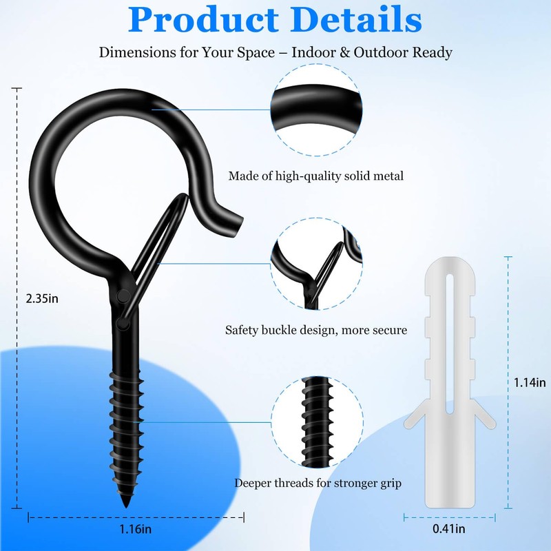 KULOLO 6 Pack Black Screw Hooks with Safety Buckle -