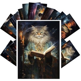 PIXILUV Vintage Postcards (24pcs 4"x6") Enchanted Wizardry: Sorcerer Cats and Luminous Spells - A Mystical Postcard Set from an Arcane World