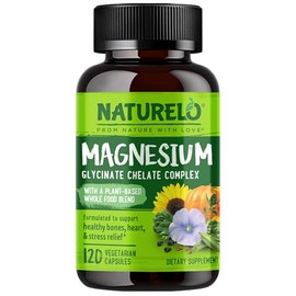 NATURELO Magnesium Glycinate Supplement - 200mg Glycinate Chelate with Organic Vegetables to Support Calmness, Muscle Cramps and Stress Relief - Glute
