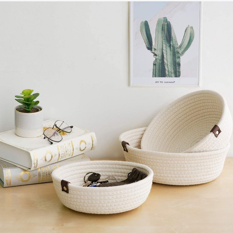 3 Piece Cotton Rope Woven Storage Basket Set Round Cotton