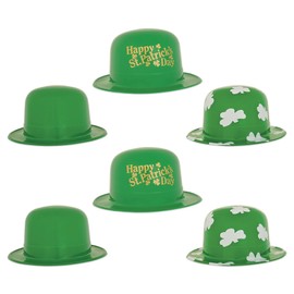 Beistle Plastic St Patrick's Day Derby Hats, Set of 6 Green with Shamrock Design, Irish Party Accessories for Parades Pub Crawls Festive Events and Holiday Celebrations