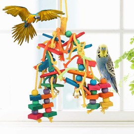 Fxvhojq Parrot Chewing Toys - Natural Wooden Birds Toys with Colorful Knots and Wooden Block for Pet Birds 30x35 cm Parrot Rainbow Block Hanging Bridge Swing Toys