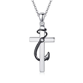 MONGAS Fish Hook Cross Necklace Sterling Silver Cross Pendant Cross Jewelry Confirmation Gifts for Women