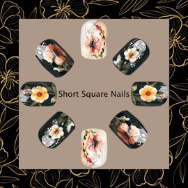 Square Press on Nails Short Fake Nails Full Cover Glossy Acrylic Nails with Designs Natural Nude False Nails Spring Flower Stick on Nails Reusable White Black Glue on Nails for Women DIY Manicure