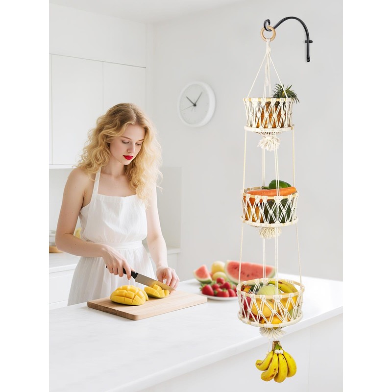 SAUNNIHEN 3-Tier Hanging Fruit Basket, Bamboo Hanging Basket Fruit, Space-Saving