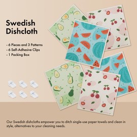 TAMATESIN Swedish Dishcloths for Kitchen, 6 Pack Fruit Swedish Dish Towels with Clips, Reusable Paper Towels Washable Non-Scratch Super Absorbent Cellulose Sponge Cloths, Biodegradable No Odor