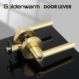 goldenwarm Exterior Deadbolt and Keyed Entry Door Handle Set, Heavy Duty Zinc Alloy Gold Door Lever, Key Entry Front Brushed Gold Door Handle with Lock and Key(1 Pack)