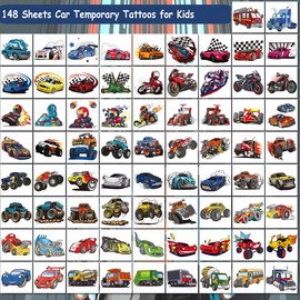 CHARLENT 148 PCS Race Car and Monster Truck Temporary Tattoos for Kids - GoKart Car Individual Tattoos for Boys Racecar Birthday Party Favors Goodie Bag Fillers