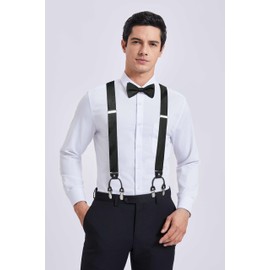 HISDERN Black Suspenders for Men Paisley Floral Tuxedo Suspenders Bow Tie Set Adjustable Strong 6 Clips Y-Back Suspender Bowtie Pocket Square for Wedding Party