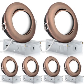 KnLnny Ware Oil Rubbed Bronze 4 Inch Led Recessed Lights 6 Pack,Ajustable Led Eyeball Gimbal Light,4 Inch Ceiling Light with Junction Box,5CCT Selectable,9W 750LM,Dimmable,ETL Listed