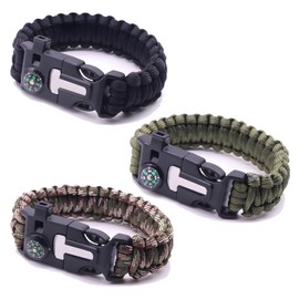 VireEyU Survival Bracelet, Multifunctional Survival Bracelet, Buckle, Compass, Lifeguard Whistle, 5 in 1 Sports Camping Outdoor Activities (Pack of 3, Black + Green + Camouflage)