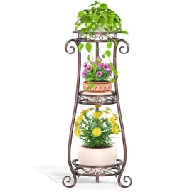 LASZOLA 3 Tier Bronze Metal Plant Stand for Multiple Large Planters Indoor Outdoor Organizer, Heavy Duty Tall Flower Stand for Corner Patio Bathroom Office, Modern Sturdy Vertical Iron Rack, Cat Proof