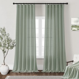 DUKIYO Sage Green Linen Curtains 120 Inches Long for Living Room Bedroom 2 Panels Linen Semi Sheer Drapes Hook Belt Rod Pocket Window Drapes Boho Farmhouse Light Filtering Curtain 120 Inch Length