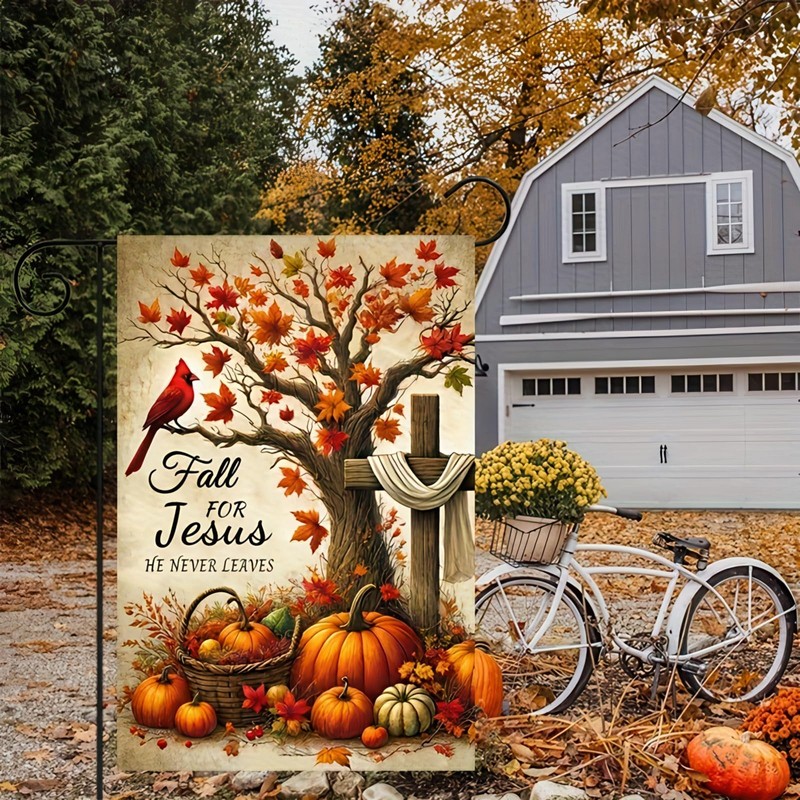 Fall Jesus Garden Flag Autumn Christian Decoration Pumpkin Cross Design