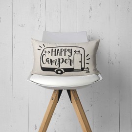 Mancheng-zi Happy Camper Throw Pillow Case, Campers Gifts, Camper Decor, RV Decor, Welcome Lumbar Decorative, 20 x 12 Inch RV Trailer Decorative Linen Cushion Cover for Sofa Couch Bed