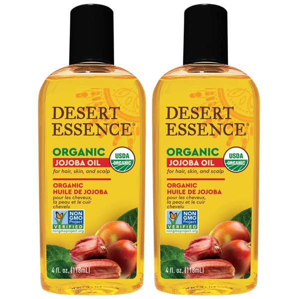 Desert Essence Organic Jojoba Oil, 4 fl oz (Pack of 2) Gluten Free, Vegan, Non-GMO - Pure Natural Plant Extract for Hair, Skin & Scalp - 24 Hours of Mousture with No Greasy Residue or Clogging Pores