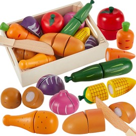 HERSITY Wooden Play Food for Toddlers, Cutting Vegetables Toys Kids Pretend Play Kitchen Accessories Wood, Educational Gifts for 18+ Month Girls Boys