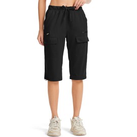 Women's 15" Long Shorts Knee Length Capri Hiking Cargo Shorts Lightweight Quick Dry Elastic Waist for Casual,2037,Black,Large