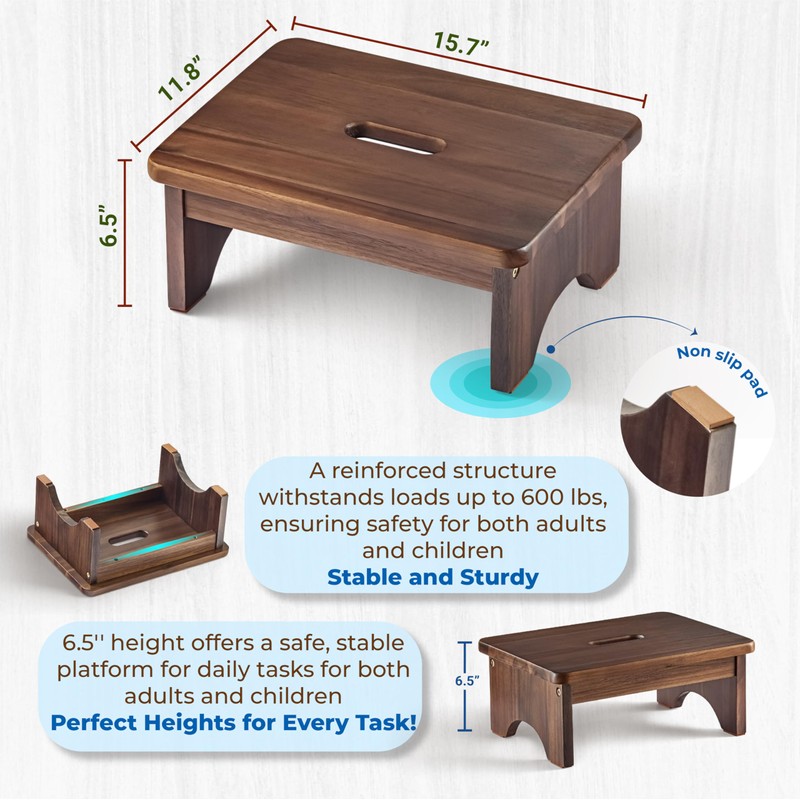 Wooden Step Stool, 6.5'' One Step Stool for Adults,Wooden Beside