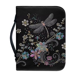 FOR U DESIGNS Black Bible Cover Retro Bible Carrying Case for Women Size XL PU Leather Bible Covers with Handle and Zippered Pockets Dragonfly Print Bible Carrier Bible Holder