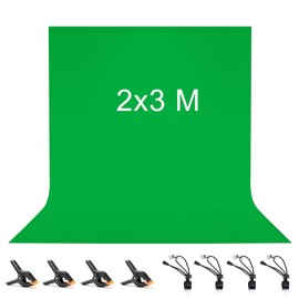 Vevelux Photography Background 2 x 3 m, Photo Background Made of 100% Polyester with 4 Large Studio Clamps & 4 Tarp Clips, Green Screen for Photo Studio, Video and TV
