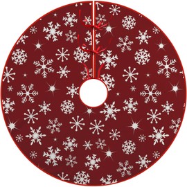 Snowflakes Christmas Tree Skirt, Red Tree Skirt Xmas Thick Skirt for Holiday Party Christmas Tree Decorations Indoor Outdoor 36 Inches(90cm)