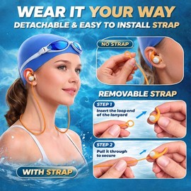 Swimming Ear Plugs for Adults Kids with Lanyard, 3 Pairs Swim Earplugs | Waterproof Reusable swim earplugs for pools, surfing, diving, showering and water