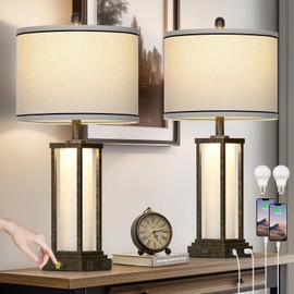 luxeflow 27in Tall Farmhouse Table Lamp Set of 2 with USB C+A & Outlet,Bronze Industrial End Table Lamp for Living Room,Vintage Rustic Bedside Lamps with Night Light for Bedroom Nightstand,Bronze