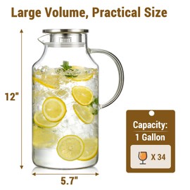 1 Gallon thickened Glass Pitcher with Lid and Spout, Borosilicate Glass Carafe for Hot/Cold Drink, Water Pitchers for Fridge, Extra Large Jug with Handle for Iced Tea, Coffee,Juice,Homemade Beverage