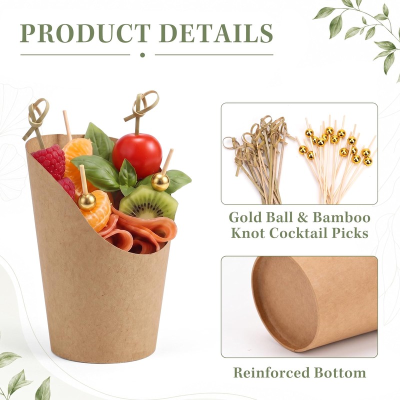 100 Set 12 oz Brown Kraft Charcuterie Cups with Sticks,