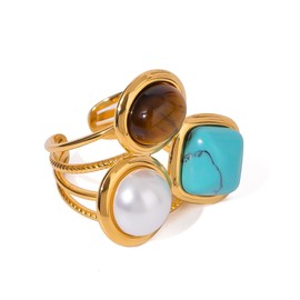 OIDIMS Geometric Turquoise Tiger Eye Pearl Statement Adjustable Open Ring for Women Bohemian Style Fashion Gold Plated Stacking Finger Rings Stainless Steel Fashion Wedding Cocktail Party Y2K Jewelry