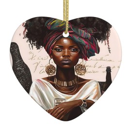 Subily African American Black Woman Christmas Ceramic Ornament, Heart-Shaped Xmas Tree Ornaments for New Year Family Birthday Decor