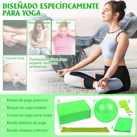 Kit de Accesorios para Pilates - Set de 5 Bandas Elásticas Fitness, Gomas para Musculación, Bloque de Yoga, Pelota Pequeña de Pilates y Bandas de Resi