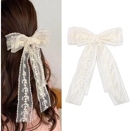 Lace Hair Bows for Women Girls Bow Hair Clips Lace Ribbon Hair Clip Hair Bow Barrettes for Women Large Bowknot Hair Clip White Ribbon Hair Bow Accessories for Wedding Prom Party (White, 21 * 7.5CM)