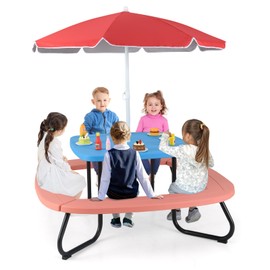CHEFJOY 8 Person Kids Picnic Table, Kids Outdoor Table and Chairs Set with Removable Umbrella, 4 Built-in Benches, HDPE Top & Metal Frame, Kids Outdoor Table for Patio, Garden, Backyard (Blue+Red)